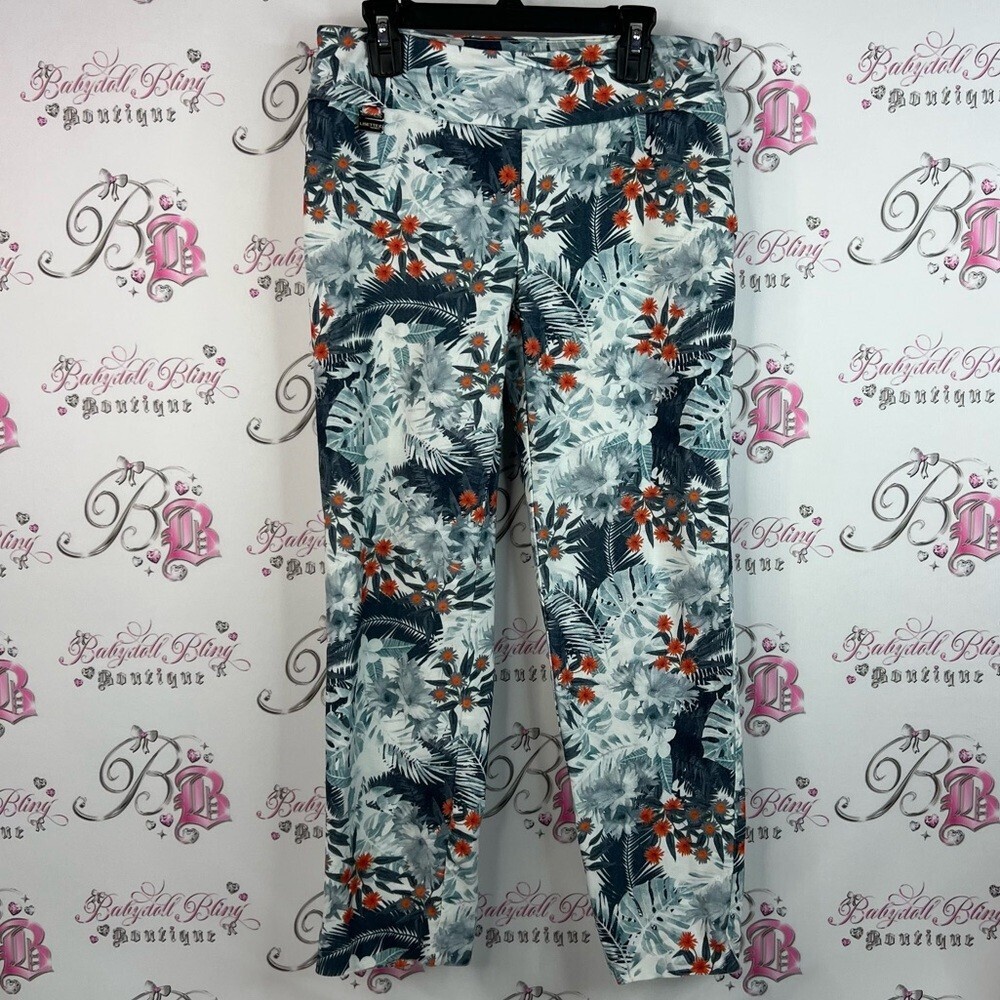 LISETTE pants tropical leafs slits on bottom Beige and Blue Leaf Pattern Pants